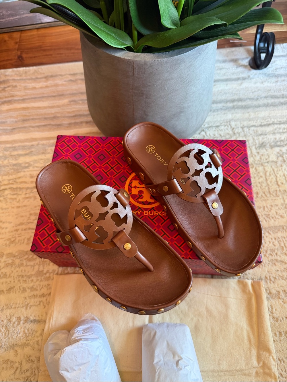 Tory Burch Brown Leather Miller Studded Slide Sandals - Picture 3 of 7
